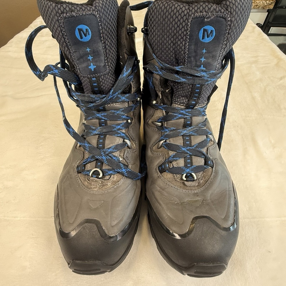 Merrell Carbon Mens Hiking Boots Size 12 Waterproof Select Ice Grip Black Blue - Picture 2 of 5